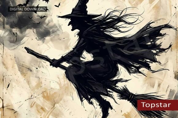 Download Flying Creepy Witch Halloween Retro Art - Creepy Collection